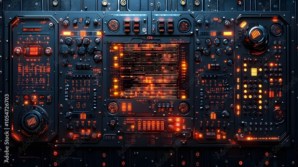 Poster Futuristic tech control board featuring holographic security details flowing digital code and a dark metallic background showcasing advanced technological systems and cyberpunk inspired design
