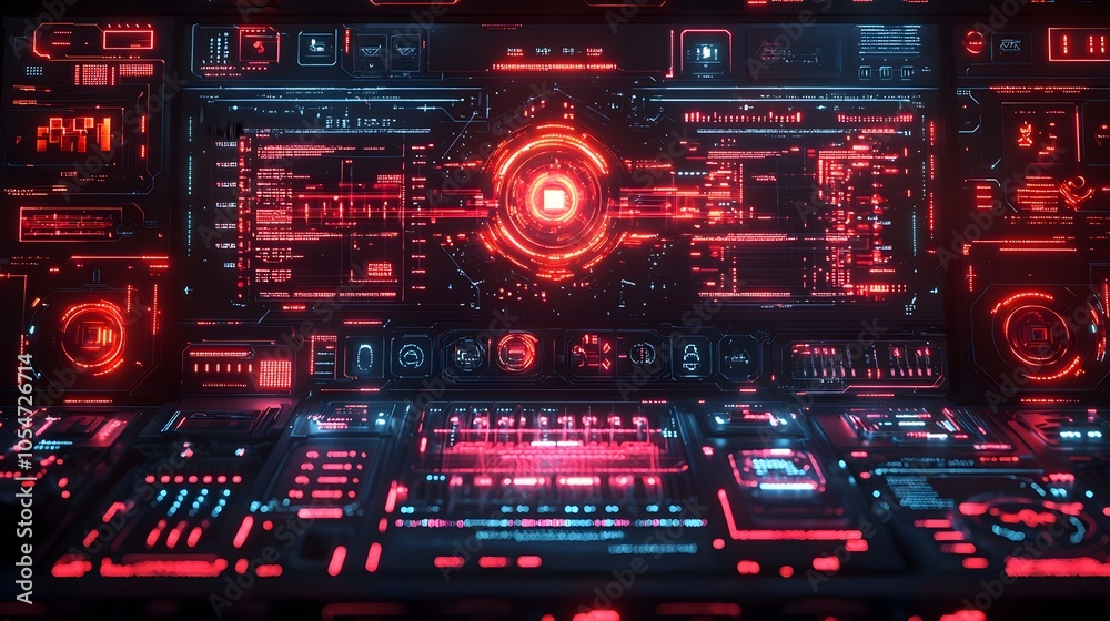 Poster Glowing encrypted digital pathways with neon elements and advanced futuristic technology user interface design  Abstract matrix style visualization of a high tech cyberpunk inspired modern system