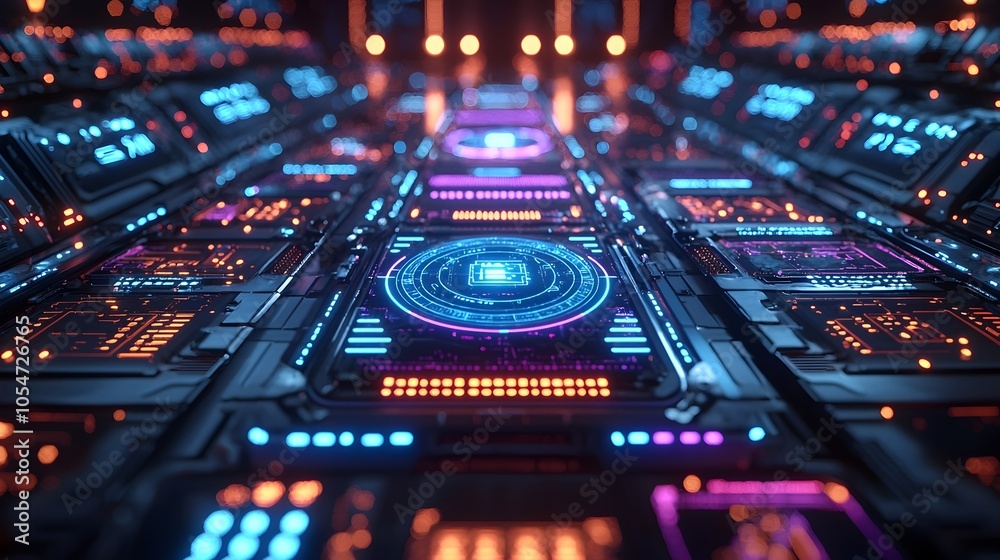 Poster Futuristic security interface design with glowing 3D cyber defense protocols blue and purple luminescent dashboard display for advanced digital technology and network protection