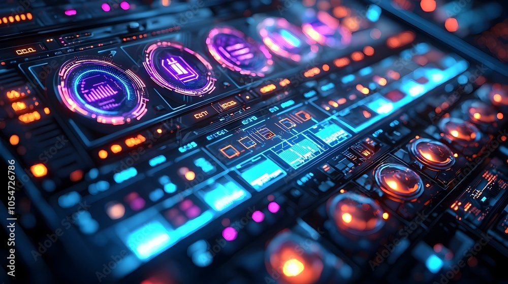 Poster Futuristic security interface showcasing luminescent cyber defense protocols and 3D data visualization design  Conceptual abstract technology backdrop with blue and purple glowing elements