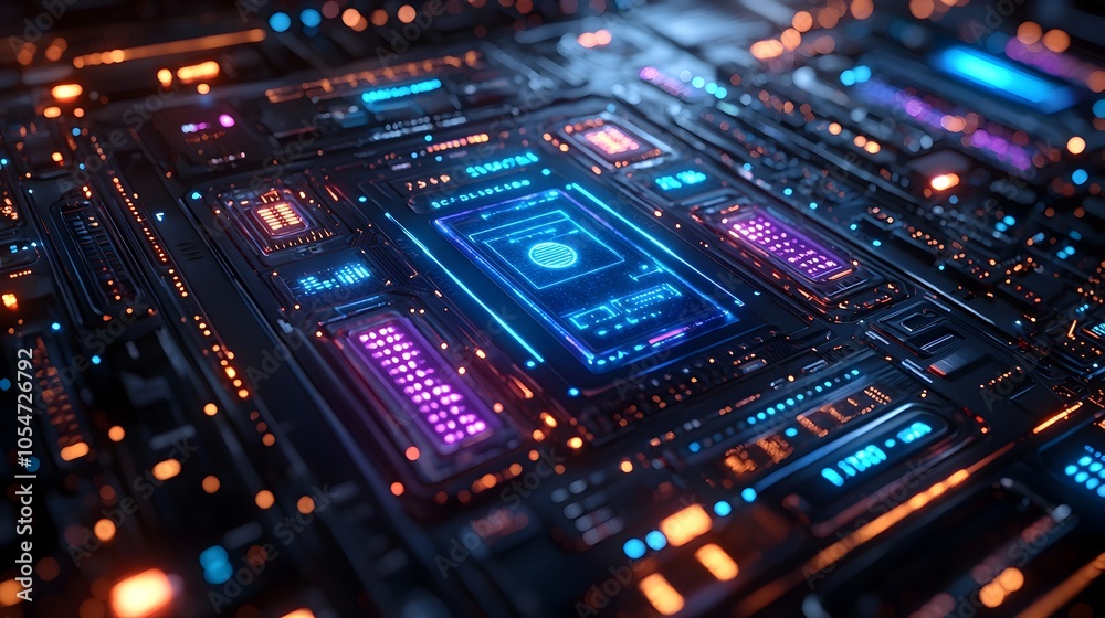 Poster Detailed 3D rendering of a high tech cybersecurity interface showcasing futuristic digital defense protocols with a luminescent blue and purple glow