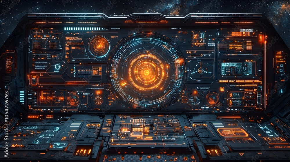 Fototapete Visually captivating cyber display interface featuring intricate security overlays and a deep space themed background conveying a sense of advanced technology and futuristic innovation