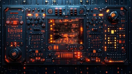 Futuristic tech control board featuring holographic security details flowing digital code and a dark metallic background showcasing advanced technological systems and cyberpunk inspired design