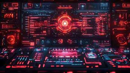 Obraz premium Glowing encrypted digital pathways with neon elements and advanced futuristic technology user interface design Abstract matrix style visualization of a high tech cyberpunk inspired modern system