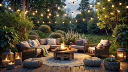 Fototapeta premium Cozy Outdoor Patio with Bokeh Effect: Serene Retreat with String Lights, Plush Furniture, and Fire Pit