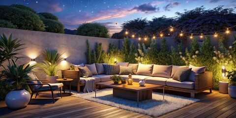 Fototapeta premium Cozy Contemporary Outdoor Seating Area at Night with Soft Warm Lighting for Relaxation and Evening Gatherings