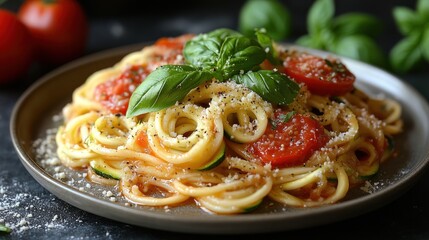 A delicious plate of spaghetti topped with basil and tomatoes.