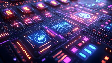 Futuristic security interface with cyber defense protocols 3D luminescent glow design for advanced digital security data intelligence and monitoring systems