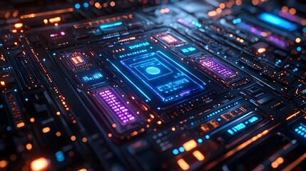 Obraz premium Detailed 3D rendering of a high tech cybersecurity interface showcasing futuristic digital defense protocols with a luminescent blue and purple glow