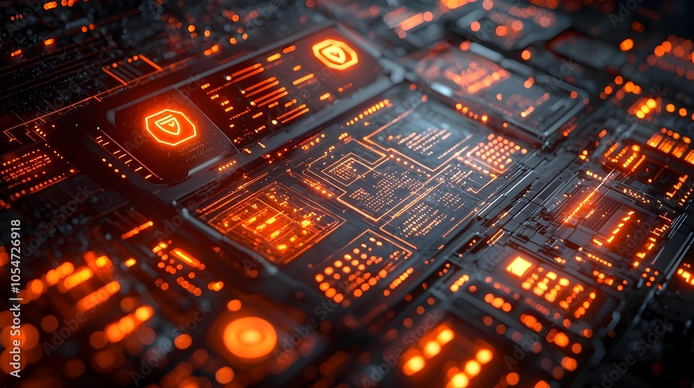 Fototapete Futuristic digital interface showcasing intricate network security layers encryption codes and holographic data visualization in a sleek advanced technological environment