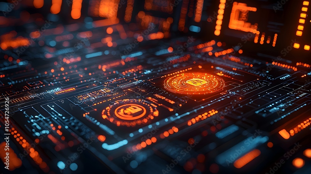 Poster Futuristic 3D interface with biometric and multi factor authentication features highlighting secure network connections and data access control systems