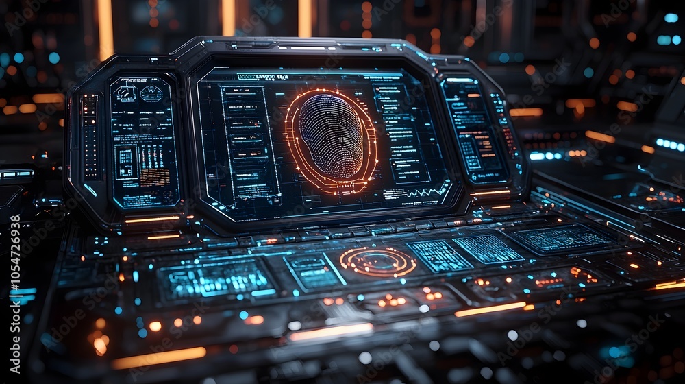Poster Secure Interactive 3D Interface with Biometric Authentication Highlighting Network Connections  Futuristic digital system for secure access identity verification and data protection