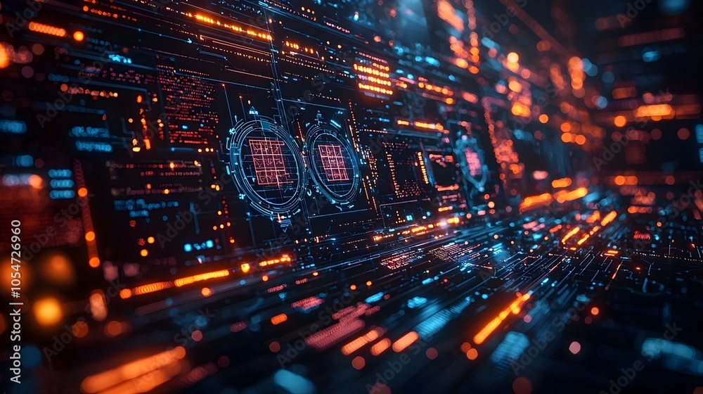 Poster Futuristic digital landscape showcasing a complex network of encrypted data flow and dynamic cyber protection shields creating a visually captivating and conceptually powerful digital artwork