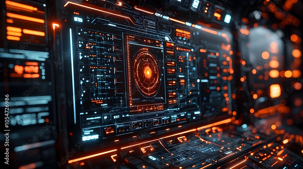 Poster Futuristic holographic interface showcasing advanced data encryption levels and cyber defense mechanisms in a high tech digital setting