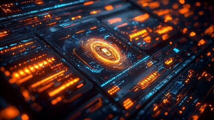 Futuristic holographic user interface glowing with layers of network security and cryptographic encryption codes in a digital high tech realm  Concept of advanced cybersecurity data protection