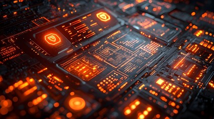 Futuristic digital interface showcasing intricate network security layers encryption codes and holographic data visualization in a sleek advanced technological environment