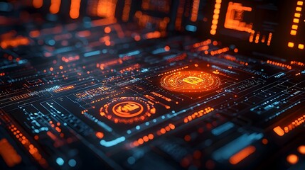 Futuristic 3D interface with biometric and multi factor authentication features highlighting secure network connections and data access control systems