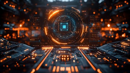 Futuristic holographic user interface with intricate network security layers encryption codes and data visualization in a digital cyber realm