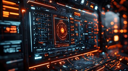 Futuristic holographic interface showcasing advanced data encryption levels and cyber defense mechanisms in a high tech digital setting