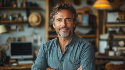Fototapeta premium Middle-aged man with a beard in a cozy minimalist workspace holding a thoughtful expression