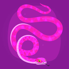 Fototapeta premium Cute pink snake on a purple background. New Year of the Snake, Lunar New Year or Chinese New Year. Animal zodiac cartoon character, mascot, symbol of the year. Illustration for greeting card.