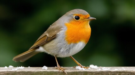 Fototapeta premium A small robin with an orange breast perches on a wooden surface with a green background.