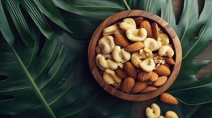 assorted dried fruits, mixed nuts and dried fruits, dried fruits and assorted nuts in a wooden bowl.