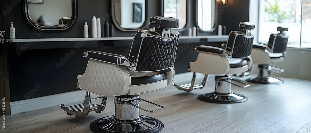 Poster sleek and modern hair salon with stylish barber chairs and symmetrical mirror layout in monochromati