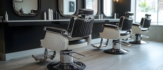 Sleek and Modern Hair Salon with Stylish Barber Chairs and Symmetrical Mirror Layout in Monochromatic Black and White Color Scheme  The Empty