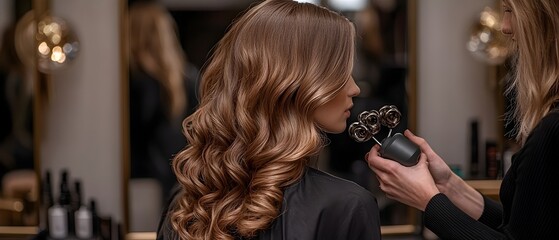 A skilled hair stylist curling a client s hair using a modern styling tool with a mirror reflection capturing the styling process set against the backdrop of a chic and elegant salon interior