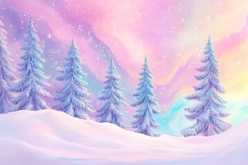 Fototapeta premium A tranquil winter landscape showcasing snow-covered trees against a colorful, dreamy sky filled with pastel hues and sparkling snowflakes.