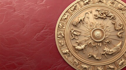 Naklejka premium Traditional Chinese zodiac wheel in intricate design, each animal symbol clearly defined, golden and red color scheme, isolated for versatile use