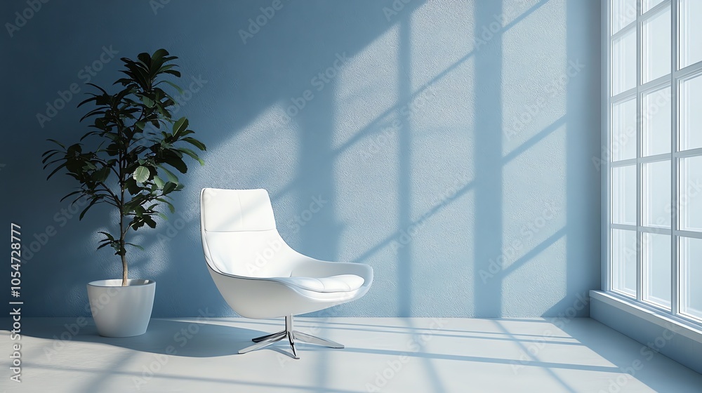 Poster a white armchair sits in a blue room with a potted plant and a large window. the sun shines through 