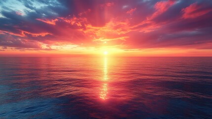 Fototapeta premium A breathtaking sunset over calm ocean waters, reflecting vibrant colors.