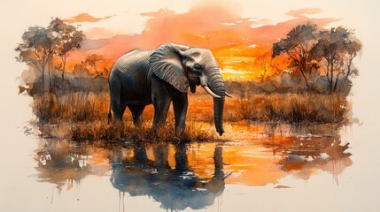 Watercolor painting of an elephant in the savanna, with warm sunset tones blending into the horizon.