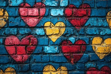 Colorful graffiti hearts painted on a brick wall, creating a vibrant urban art display. This artwork brings joy and beauty to the city landscape.