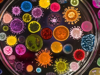 Vibrant petri dish filled with colorful bacterial cultures, showcasing scientific exploration, microbiology, and artistic representation of microorganisms.