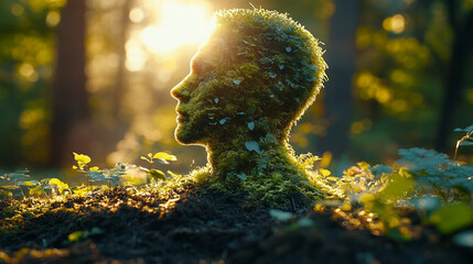 businessman's suit crafted from lush grass and moss symbolizes the fusion of nature and industry, sustainability, and eco-friendly business practices, blending modernity with green values