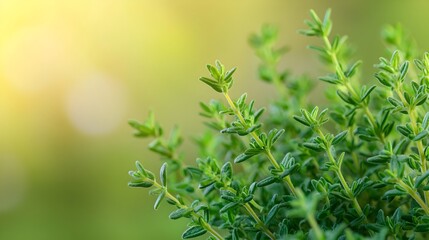 Fototapeta premium Close up of vibrant green thyme sprigs showcasing their intricate leaf patterns and the natural gleam of essential oils in a peaceful tranquil outdoor setting