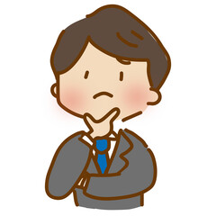 顎に手を当てて考えるゆるくて可愛いスーツの男性