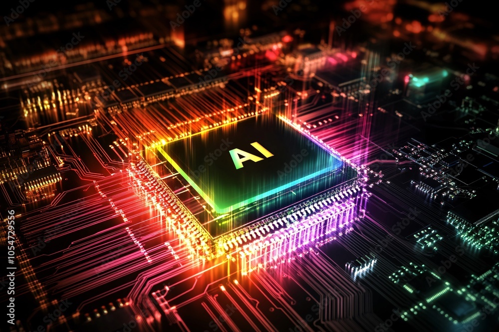 Poster abstract visualization of an ai microchip with vibrant colors and intricate circuitry, representing 