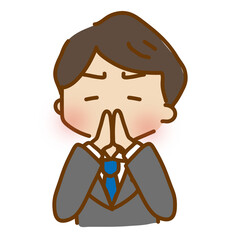 両手を合わせてお願いしているゆるくて可愛いスーツの男性