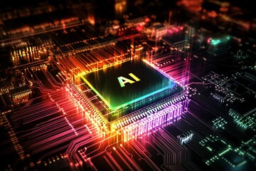 Abstract visualization of an AI microchip with vibrant colors and intricate circuitry, representing the future of technology and artificial intelligence.