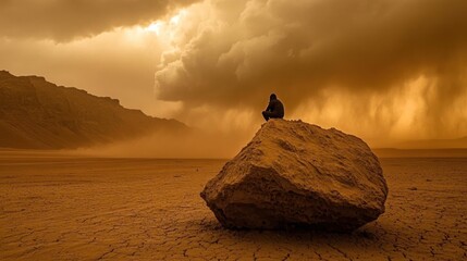 A lone figure sits atop a large rock in a desert landscape as a dust storm approaches.