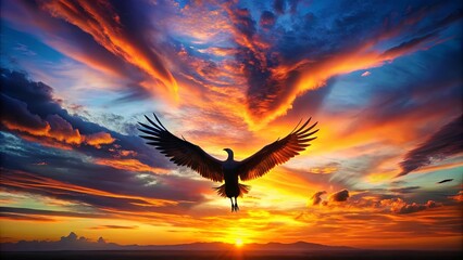 Obraz premium A solitary bird silhouetted against a fiery sunset sky, wings outstretched in flight, bathed in a vibrant panorama of orange and purple hues.