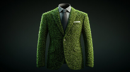 businessman's suit crafted from lush grass and moss symbolizes the fusion of nature and industry, sustainability, and eco-friendly business practices, blending modernity with green values
