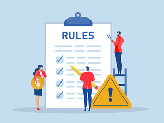 Rules and regulations document, businessman finish writing rules and regulations document,policy and guideline for employee to follow, legal term, corporate compliance or laws concept