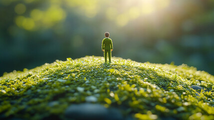 businessman's suit crafted from lush grass and moss symbolizes the fusion of nature and industry, sustainability, and eco-friendly business practices, blending modernity with green values