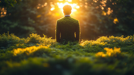 businessman's suit crafted from lush grass and moss symbolizes the fusion of nature and industry, sustainability, and eco-friendly business practices, blending modernity with green values