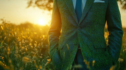 businessman's suit crafted from lush grass and moss symbolizes the fusion of nature and industry, sustainability, and eco-friendly business practices, blending modernity with green values